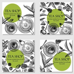 four vector banners for the tea room. graphic linear teapot, tea cup, spoon, tea bags, lemon, honey, mint, tea leaves, ginger, raspberry