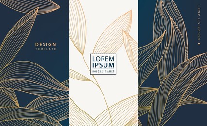 set of vector collection design elements: labels, frames, wedding invitations, social net stories,   packaging, luxury products, perfume, soap, wine, lotion. golden leaves, art deco