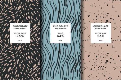 vector illustration set of templates contemporary abstract cover and patterns for chocolate and cocoa packaging with labels. minimal modern backgrounds
