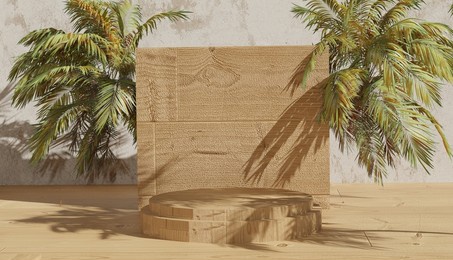 3d rendering of product presentation, podium with palm leaf shrouded in shadow, spring theme