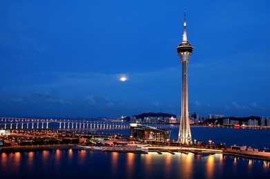 the night view of macau tower convention and sai van bridge, china