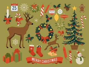 vector collection of christmas items, elements and decorations featuring deer, christmas tree, gift boxes, candle, mistletoe, wreath, snow man, gingerbread man, candies, pine cones, calendar and more