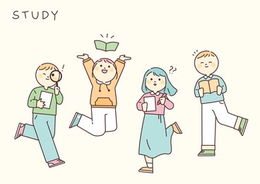 students are reading, writing, searching, and having fun. flat design style vector illustration.