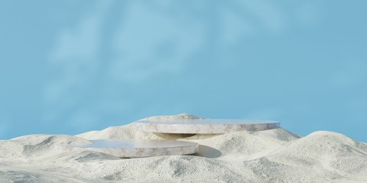 marble podium on sand background for product presentation. natural beauty pedestal, 3d illustration