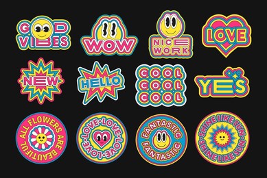 set of pop art stickers vector design. cool trendy emoticon smile patches. cute badges.