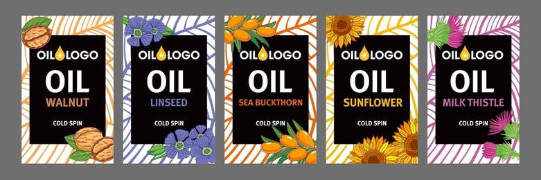 a set of bright packaging for natural oils. walnut, flax, sea buckthorn, sunflower and milk thistle oil. 