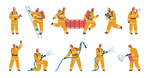 firefighter characters in uniform, firemen with firefighting equipment. firefighters saving child, putting out fire using hose vector set. emergency service with professional workers