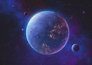 a purple and blue planet in deep space with two moons. digital 3d illustration.