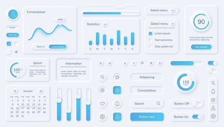 neumorphic user interface elements, mobile app ui design kit. buttons, bars, sliders in neumorphism style for website or dashboard vector set. menu with different minimal components