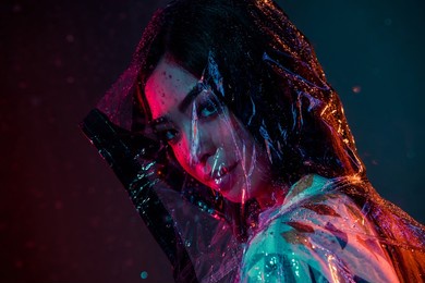 profile side photo of pretty lady wear rubber hood protect rain downpour outside isolated gradient color background