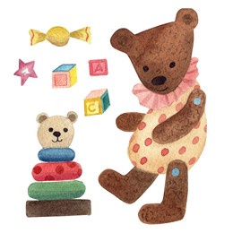 traditional teddy bear painted in watercolor on an isolated white background. elements for your design. illustrations for children.