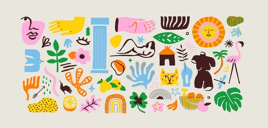 set of trendy doodle and abstract nature icons on isolated background. colorful summer collection, unusual organic shapes in freehand matisse art style. includes people, floral art and texture bundle