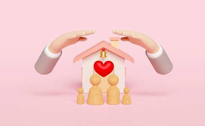 businessman hands protecting house model with wooden doll figures family, red heart isolated on pink background. happy family, protection, mortgage loans concept, 3d illustration, 3d render
