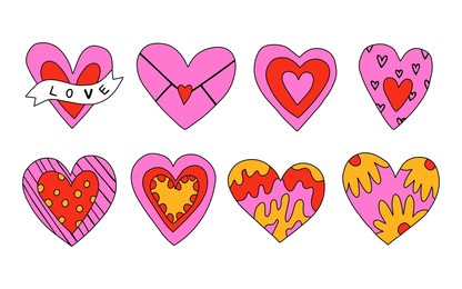 vector set of valentines in hippie style.vintage heart shapes with flowers and lettering.love message sticker.vintage postcards in the style of the 60s and 70s.retro tattoo templates. funny hand drawn