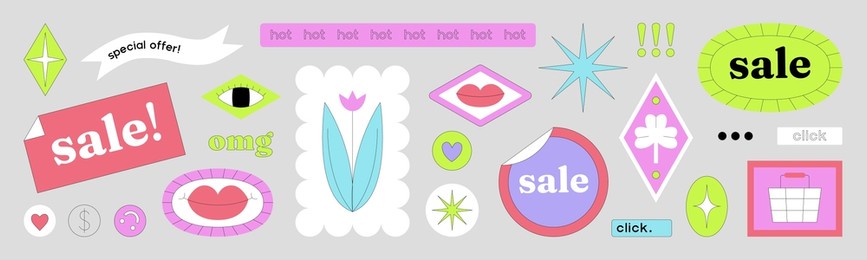 set with sale stickers in modern acid colors. online beauty shopping. vector illustration. promo label stickers can be used in web or typographic design (banners, apps, package, posters, flyers).
