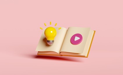 yellow light bulb with open book, play button isolated on pink background. idea tip education, knowledge creates ideas concept, minimal abstract, 3d render illustration 