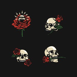 set of various rose skull handmade vector illustration