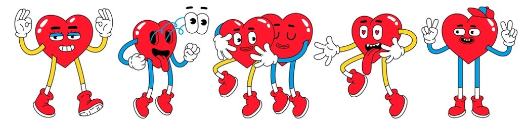 hearts funny cartoon characters. valentines day vector illustrations. love concept. set of comic stickers, patches, pins in trendy retro cartoon style.