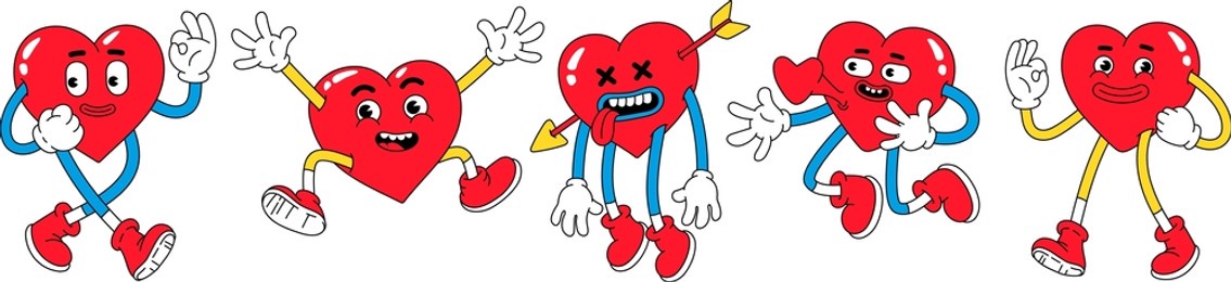 hearts funny cartoon characters. valentines day vector illustrations. love concept. set of comic stickers, patches, pins in trendy retro cartoon style.