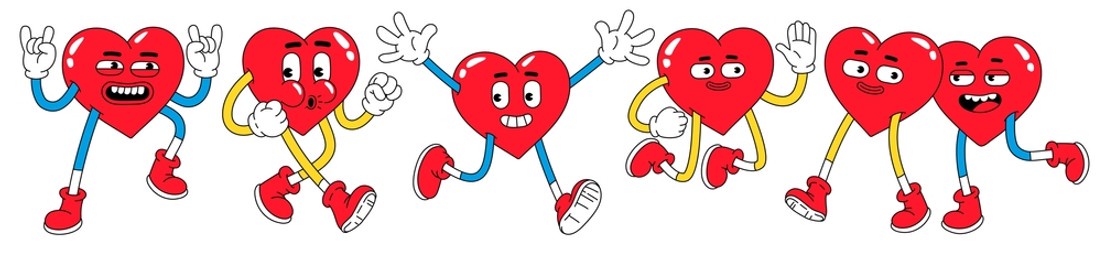 hearts funny cartoon characters. valentines day vector illustrations. love concept. set of comic stickers, patches, pins in trendy retro cartoon style.