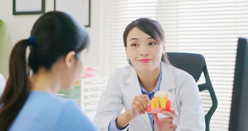 close up of asian female dentist introduces patient for dental implant by denture model