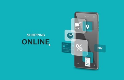 receipt flows from the smartphone screen. and on the front there are icons such as cart icon, pin, order confirmation and next to it has a credit card inserted,vector 3d for online shopping concept