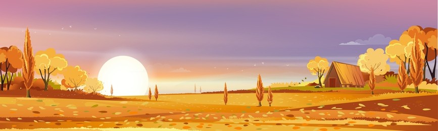 autumn rural landscape in evening light with sunset, pink,orange sky and clouds background,vector cartoon fall season countryside with wood barn,forest tree, field with sunrise,backdrop natural banner