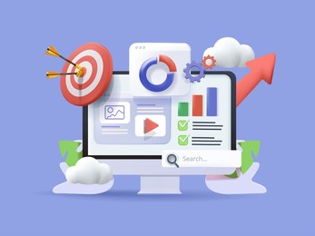 seo optimization, web analytics and seo marketing social media concept. 3d vector illustration. web analytics design , seo optimization. marketing social media concept. strategy and planing website