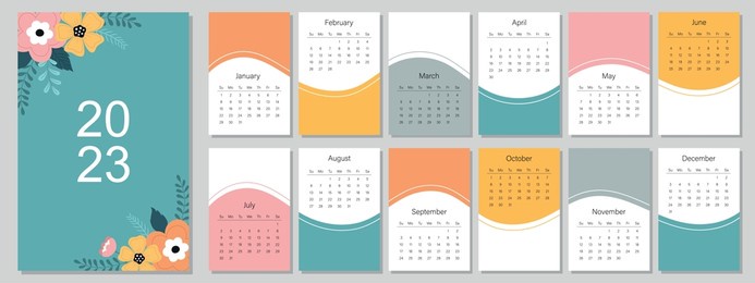 calendar template for the year 2023. bright design. a set of pages for 12 months of 2023. vector illustration. the week starts on sunday.