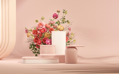 3d podium display, pastel pink background with rose flowers. peonies flower and palm leaf shadow. minimal pedestal for beauty, cosmetic product. valentine, feminine copy space template 3d render