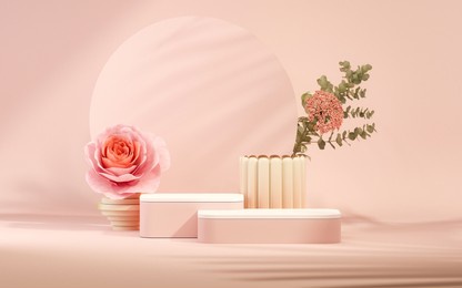 3d podium display, pastel pink background with rose flowers. peonies flower and palm leaf shadow. minimal pedestal for beauty, cosmetic product. valentine, feminine copy space template 3d render