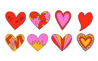 vector set of valentines in hippie style.vintage heart shapes with flowers and lettering.love message sticker.vintage postcards in the style of the 60s and 70s.retro tattoo templates.kidcore style