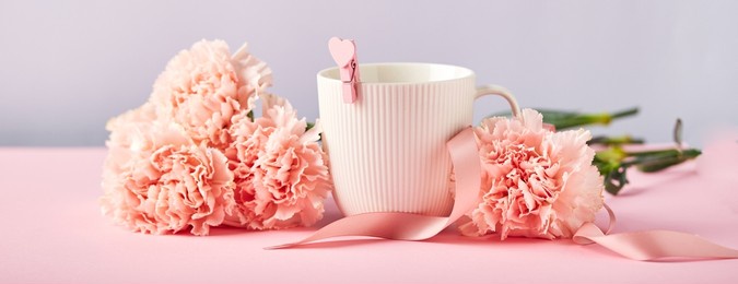 bouquet of pink carnations and white cup. design concept of holiday greeting with carnation bouquet on pink and blue background.