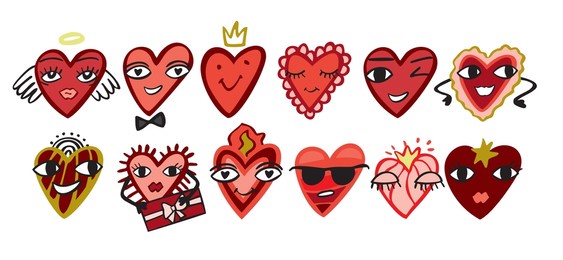 set of decorative cute red hearts with eyes and lips. collection of symbols for valentine's day with emotions for the decoration of cards, posters, stickers. love sign. cartoon vector illustration