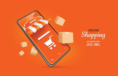 white search icon and a shopping cart icon are placed on the smartphone shop  screen and there are parcel boxes floating around it,vector 3d for delivery
 and online shopping concept design