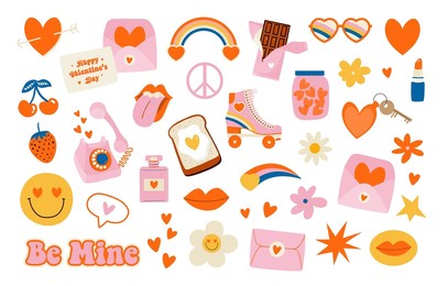 hippie retro vintage icons in 70s-80s style. flat valentine's elements. vector illustration.