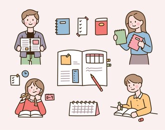 cute student characters are taking notes in a notebook. a note with stickers and notes. flat design style vector illustration.