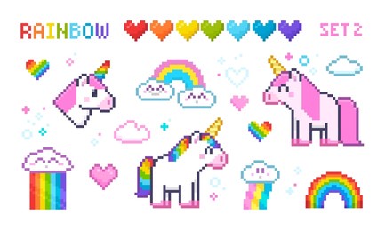 pixel art unicorns wit rainbow set, colorful 8-bit hearts icons, cute clouds - isolated vector elements collection. cute white unicorn icon in retro 8-bit video game style