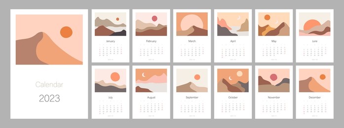 calendar template for 2023. vertical design with abstract natural boho landscapes. editable illustration page template a4, a3, set of 12 months with cover. vector mesh. week starts on sunday.