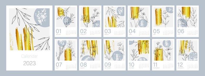 botanical calendar template for 2023. vertical gold luxury design with floral branch. editable illustration page template a4, a3, set of 12 months with cover. vector mesh. week starts on sunday.