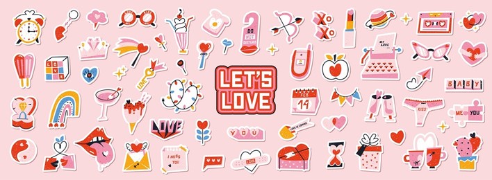 set of cute vector love stickers for daily planner and diary. collection of scrapbooking design elements for valentines day: heart, holiday gift, ice cream. romantic doodle vector icons pack.