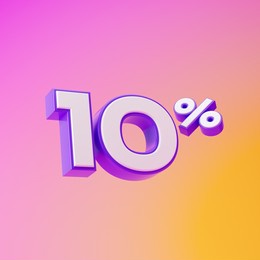 white ten percent or 10 % with purple outline isolated over pink and yellow background. 3d rendering.