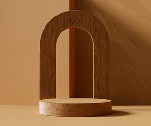 3d rendering empty wood cylinder podium on  light brown background. abstract scene for product display.