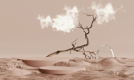podium with  branch on sand background for product presentation. natural beauty pedestal, relaxation and health, 3d illustration	