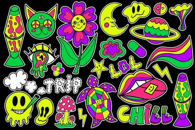 psychedelic neon trip hipster set stickers. retro 70s, hippie stickers, groovy sticker elements. cartoon funky flowers, rainbow, acid hippy style. vector illustration