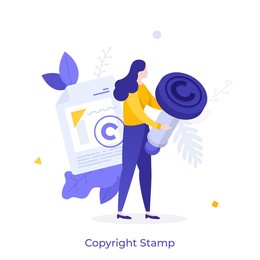 woman holding stamp with copyright symbol. concept of copyrighted work, guarantee of artist's rights, law protection of intellectual property. modern flat vector illustration for banner, poster