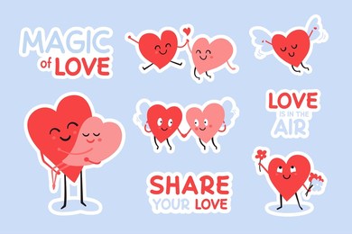 romantic stickers with happy hearts. vector sticker sheet for valentines day with cute heart characters. two angels. couple in love holding hands. love is in the air. share your love. flying cupid