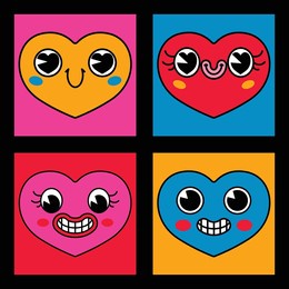 set of stickers with cartoon hearts. bright images of hearts with faces in retro doodle style. a fun sticker pack for valentine's day. vector illustration.