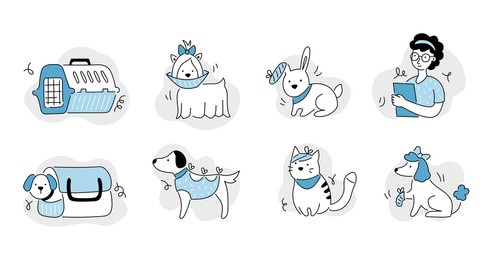 pet veterinary clinic line icon set. sick pet, animal, cat, dog for veterinarian sticker template. doodle line style animal and character. vector illustration.