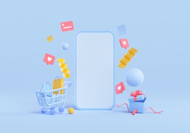 online shopping concept, phone with floating objects, surprise box and shopping cart. 3d render illustration